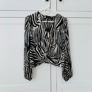 Haver London Cream Black Zebra Wrap Knot Sheer Long Sleeve Crop Blouse Medium